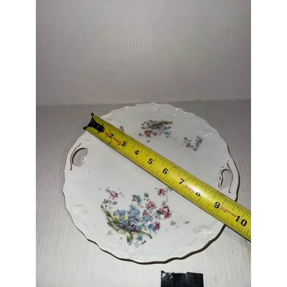 Antique Cake Plate Embossed Pink Roses White Daisies Blue Bachelors Buttons